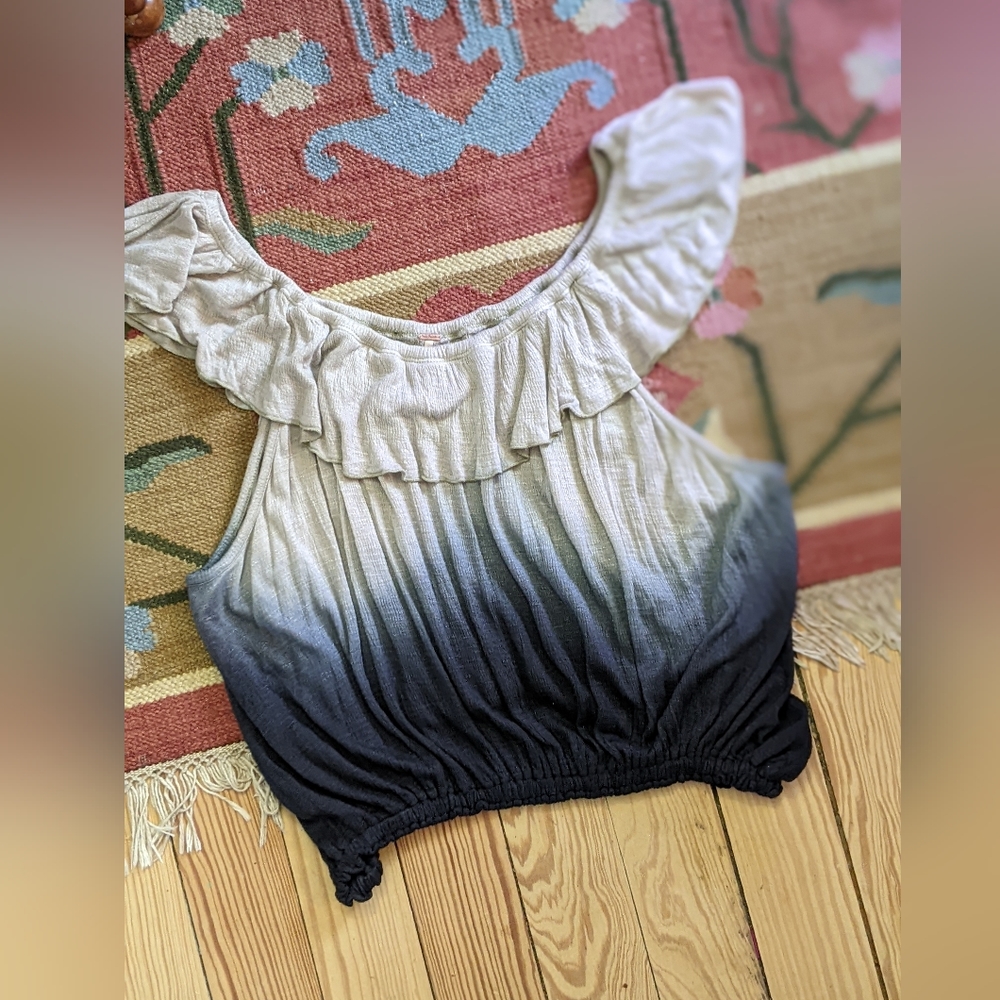 Free People top Off Shoulder Ruffle Ombre Tie Dye Neutral Boho
